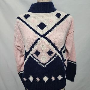 Vintage Y2K DEB Pink & Blue Knit Sweater. Argyle Diamond Pattern. Size Medium.